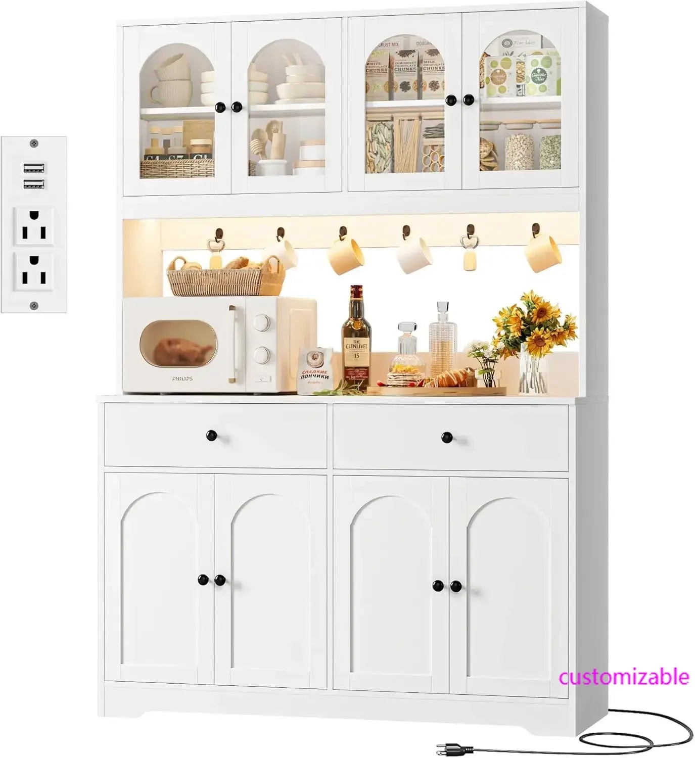 71" LED Kitchen Pantry Cabinet with Power Outlet, Large Kitchen Hutch Storage Cabinet with Arched Door & Shelves, 2 Drawers