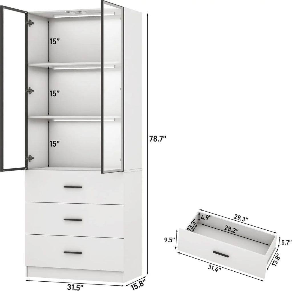 79" Tall Display Cabinet with LED Sensor Light & Pop-up Glass Doors & Drawers, Modern Bookcase/ Curio Storage Cabinet