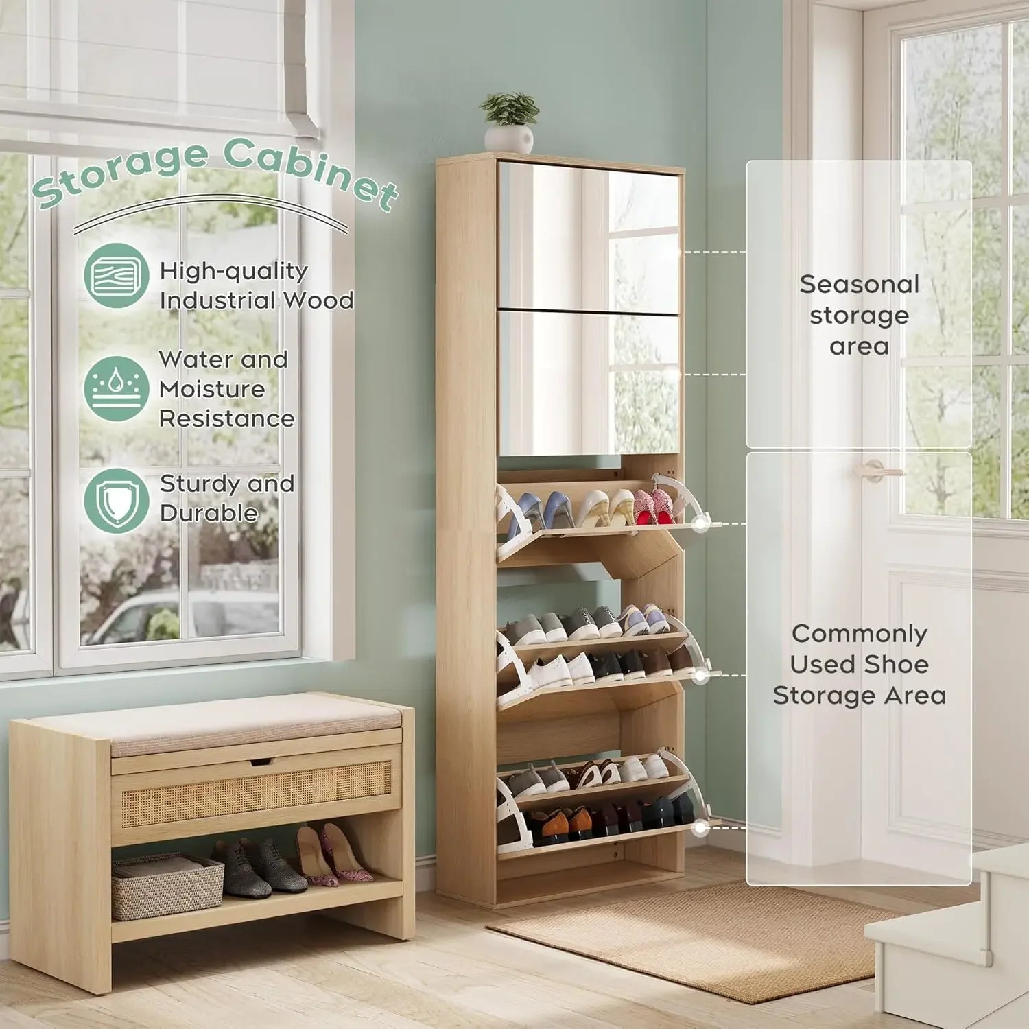 Mirror Shoe Cabinet with 5 Flip Drawers, Shoe Rack Storage Organizer, Entryway Shoe Cabinet for Front Door, Foyer, Hallway