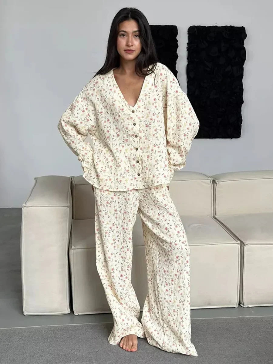 100% Cotton Printed Cardigan Pajama Set Women's / Long Sleeved Pants Pajamas/ Loose Home Clothing /2-piece Set