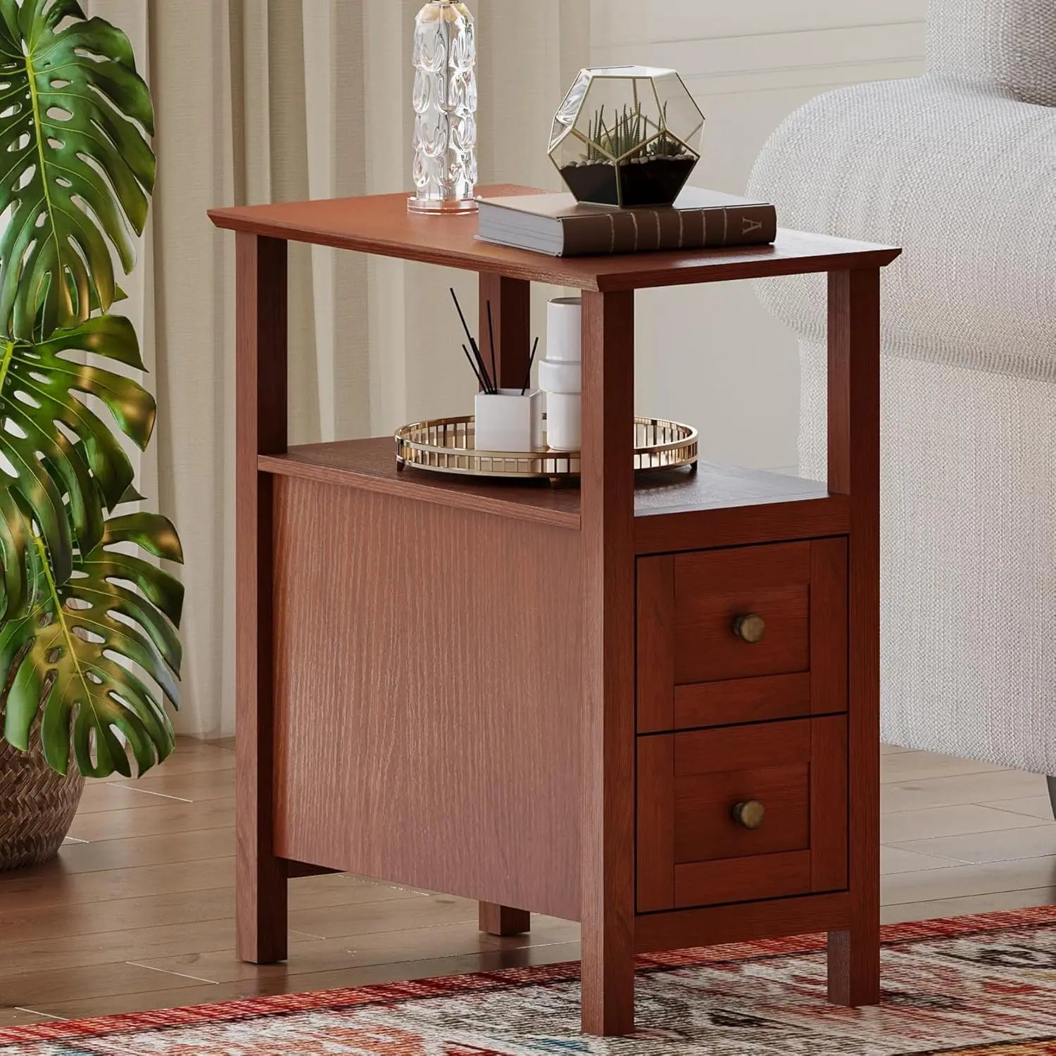 End Tables Living Room Set of 2, 3-Tier Narrow Nightstand with with 2 Drawers, Slim Bedside Tables for Living Room, Bedroom