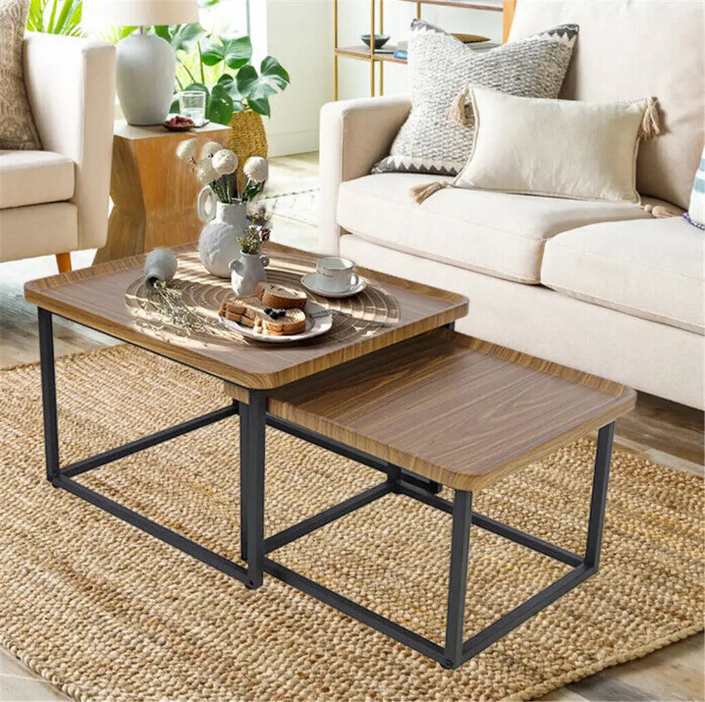 Irregular Living Room Coffee Table Set Small Drop-Shaped Solid Wooden Sofa Side/ End Table 2-in1 with Triangle Legs