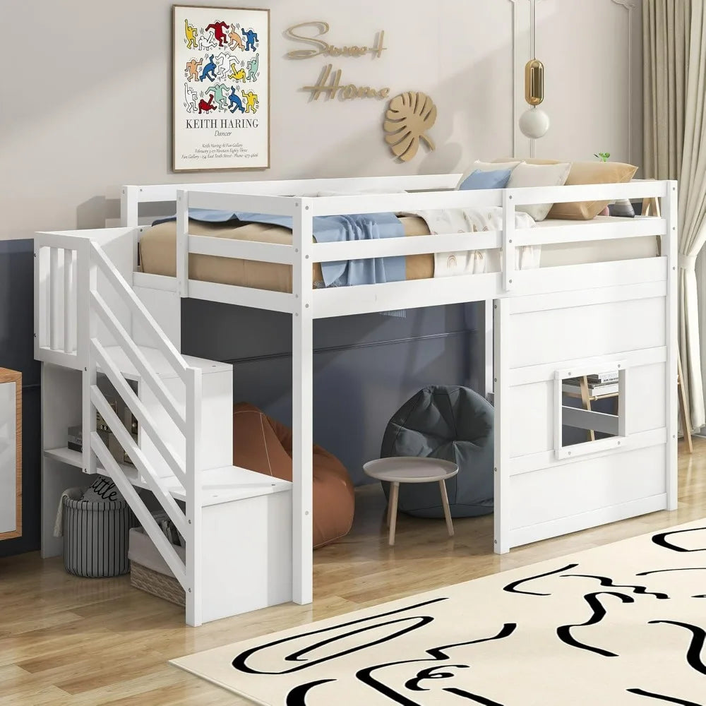 Twin-Size Loft Bed with Storage, Steps, and Spacious Underbed Area for Teens and Children, Solid Wood Construction, Full-Size