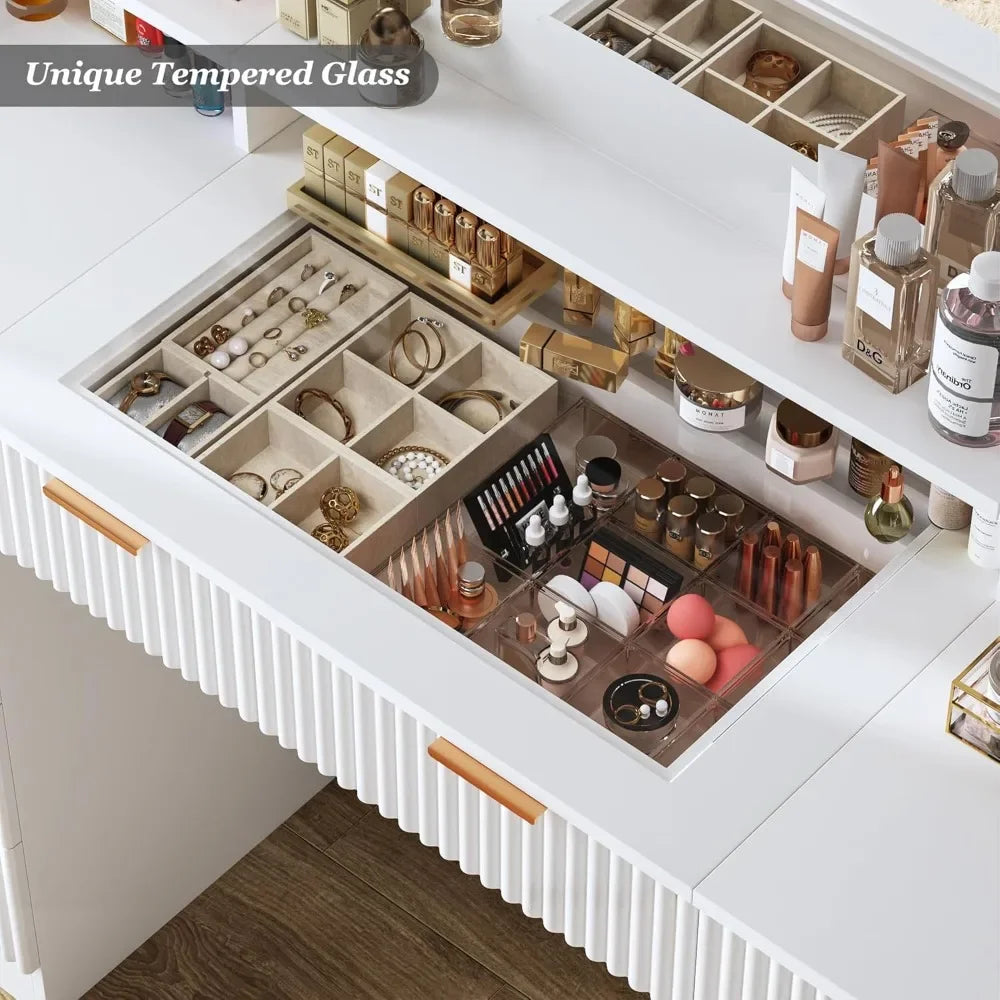 Illuminated Fluted Vanity Desk with Large Mirror, Glass Top, 9 Storage Drawers, and 3-Color Lighting Options