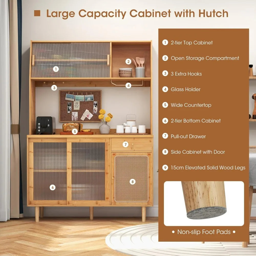 69-inch Bamboo Pantry Cabinet with Storage, Drawers, Microwave Stand, and Glass Holder - Freestanding Buffet Style