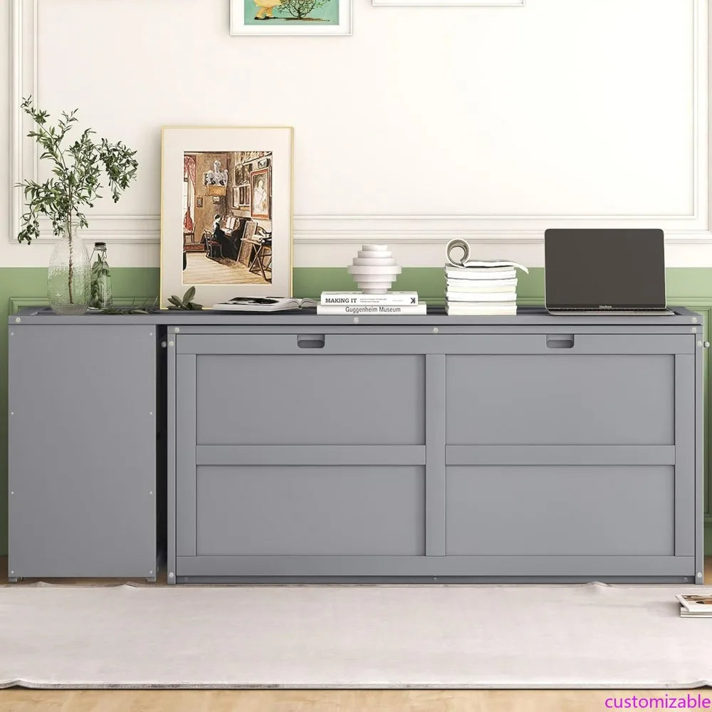 Queen Size Solid Wood Murphy Bed with 2 Storage Shelves and Rotatable Desk