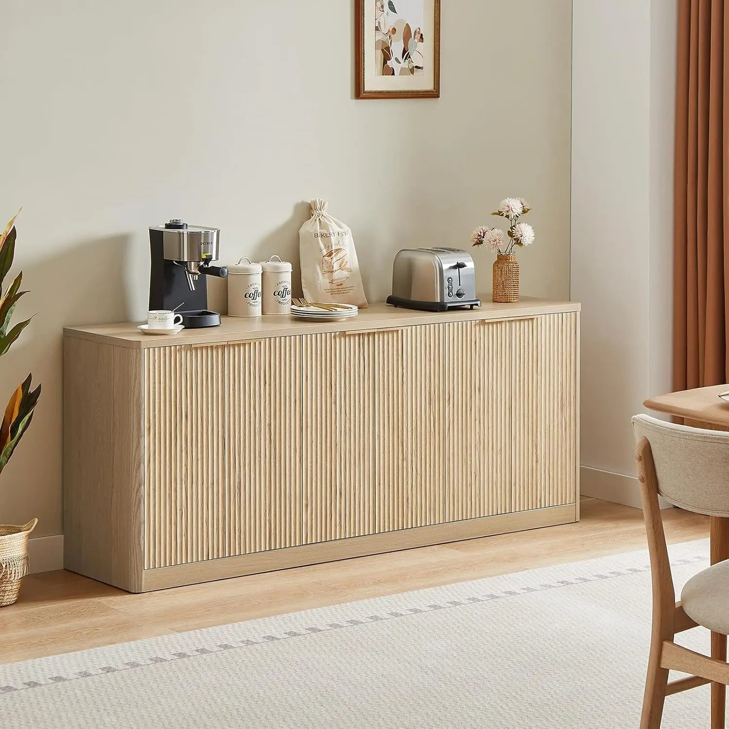 67" Fluted Oak Buffet Cabinet Sideboard with Storage, Large Credenza with 6 Doors, Wood Mid Century Modern Sideboard