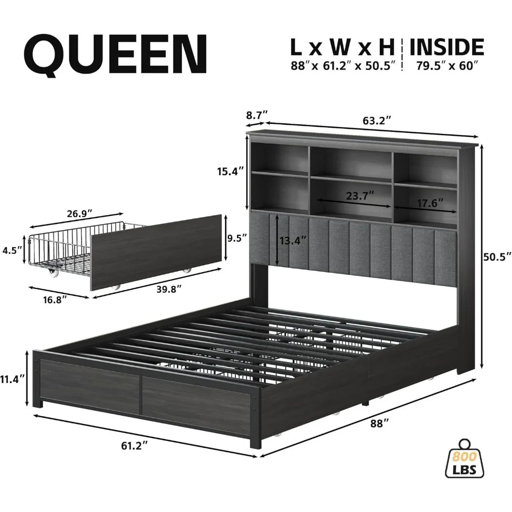 Wooden Queen-Size Bed Frame with Storage Headboard, High Bookcase, 4 Drawers, LED Lights, and Charging Station