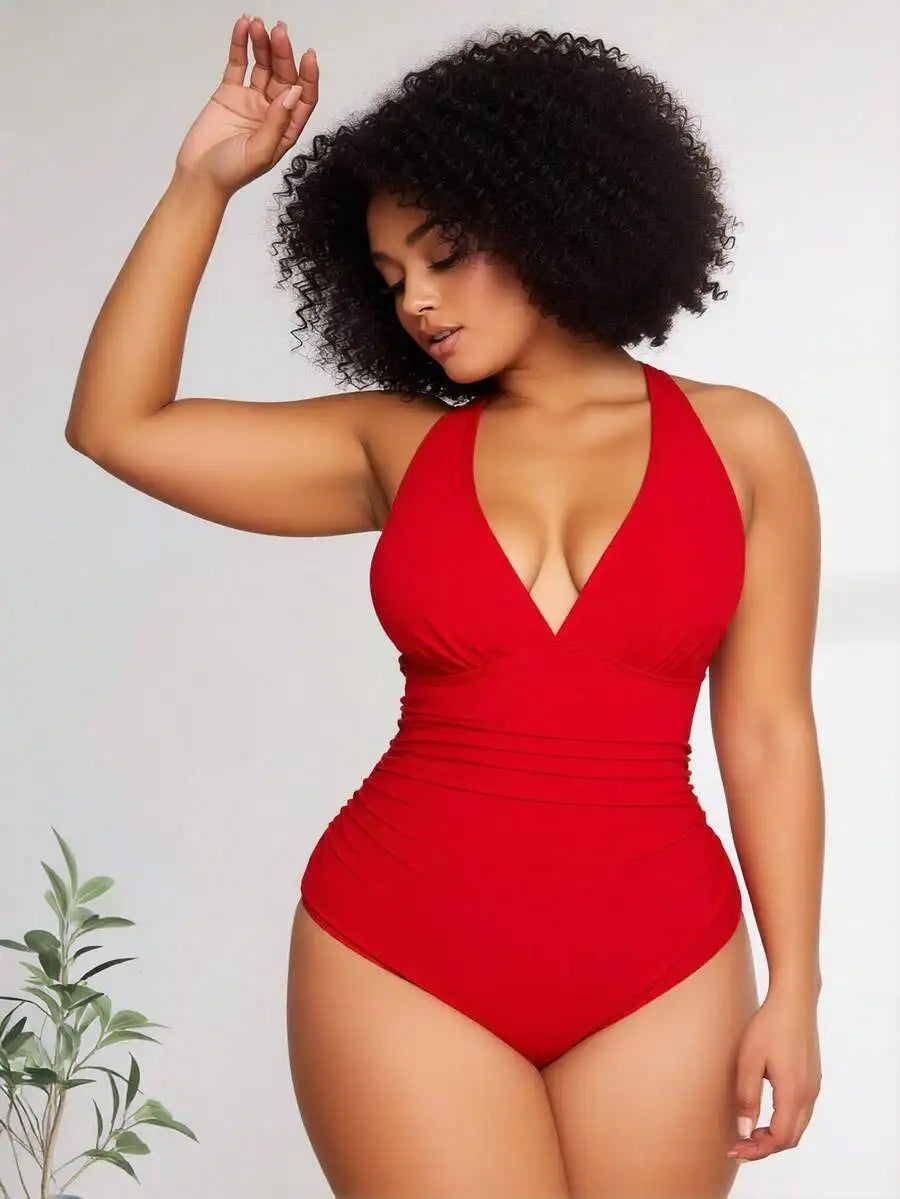 Womens Tummy Control Ruched V Neck One Piece Swimsuit Slimming Push Up Bathing Suit