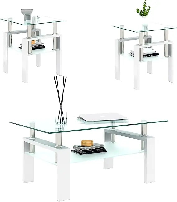 Living Room Tables Set,3 Piece Glass Coffee Table and End Tables Set for Living Room, Coffee Table Set with Tempered Glass Table