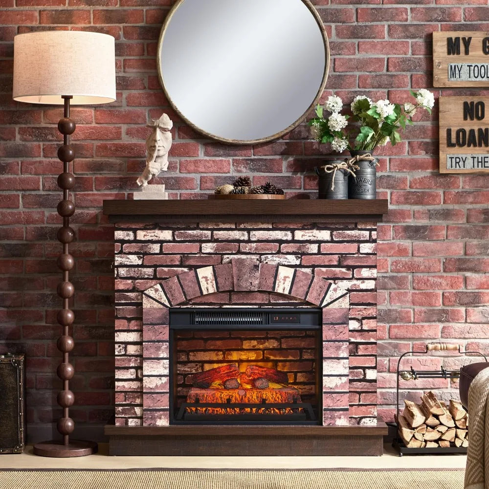 42" Electric Fireplace with Mantel, Farmhouse Fireplace TV Stand w/23'' Freestanding Electric Fireplace Heater, Remote Control,
