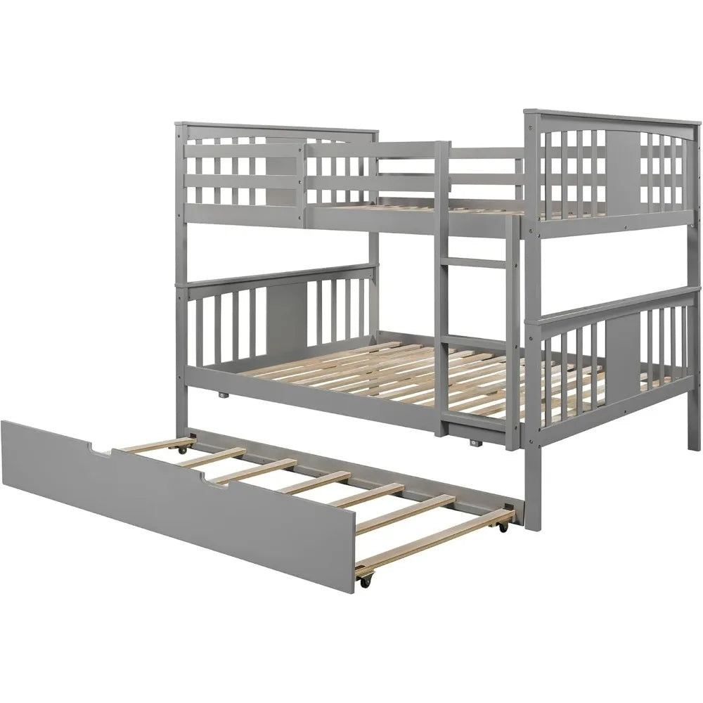 Twin-Over-Full Bunk Bed with Trundle, Transformable into Individual Beds, Crafted from Solid Pine with Safety Rails