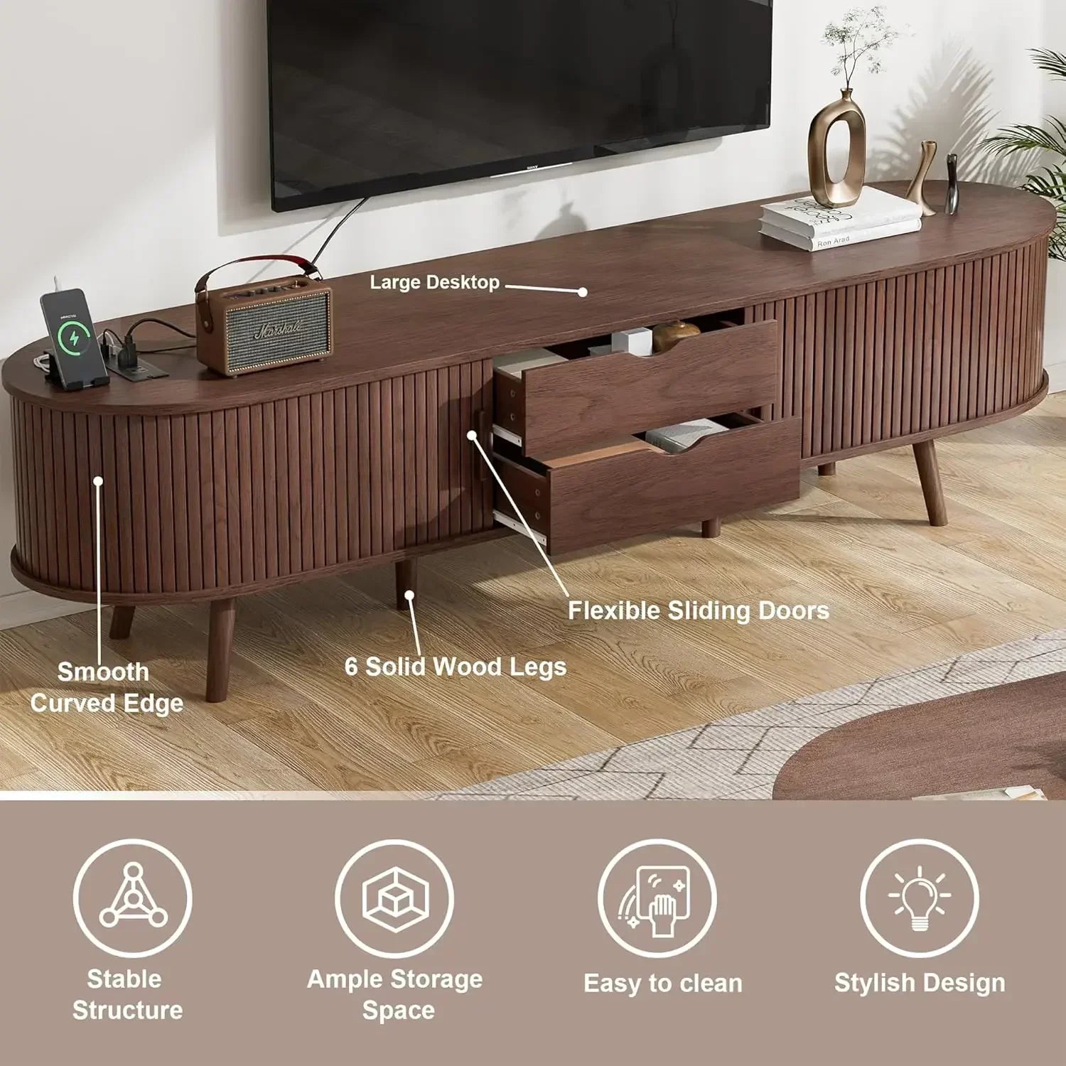 XMSJ. Fluted Entertainment Center Living Room,69" Mid Century Modern TV Stand with Charging Station ,Drawer and Shelf, Bedroom
