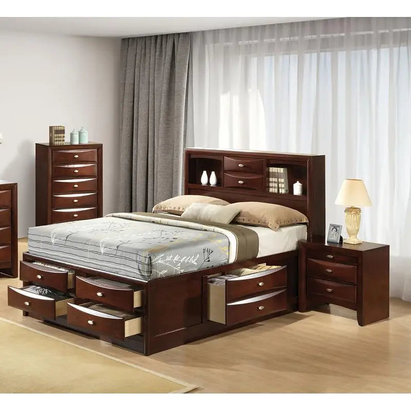 Contemporary Queen Bed Set with 2 Nightstands, Headboard, and Bookcase - Cherry Finish