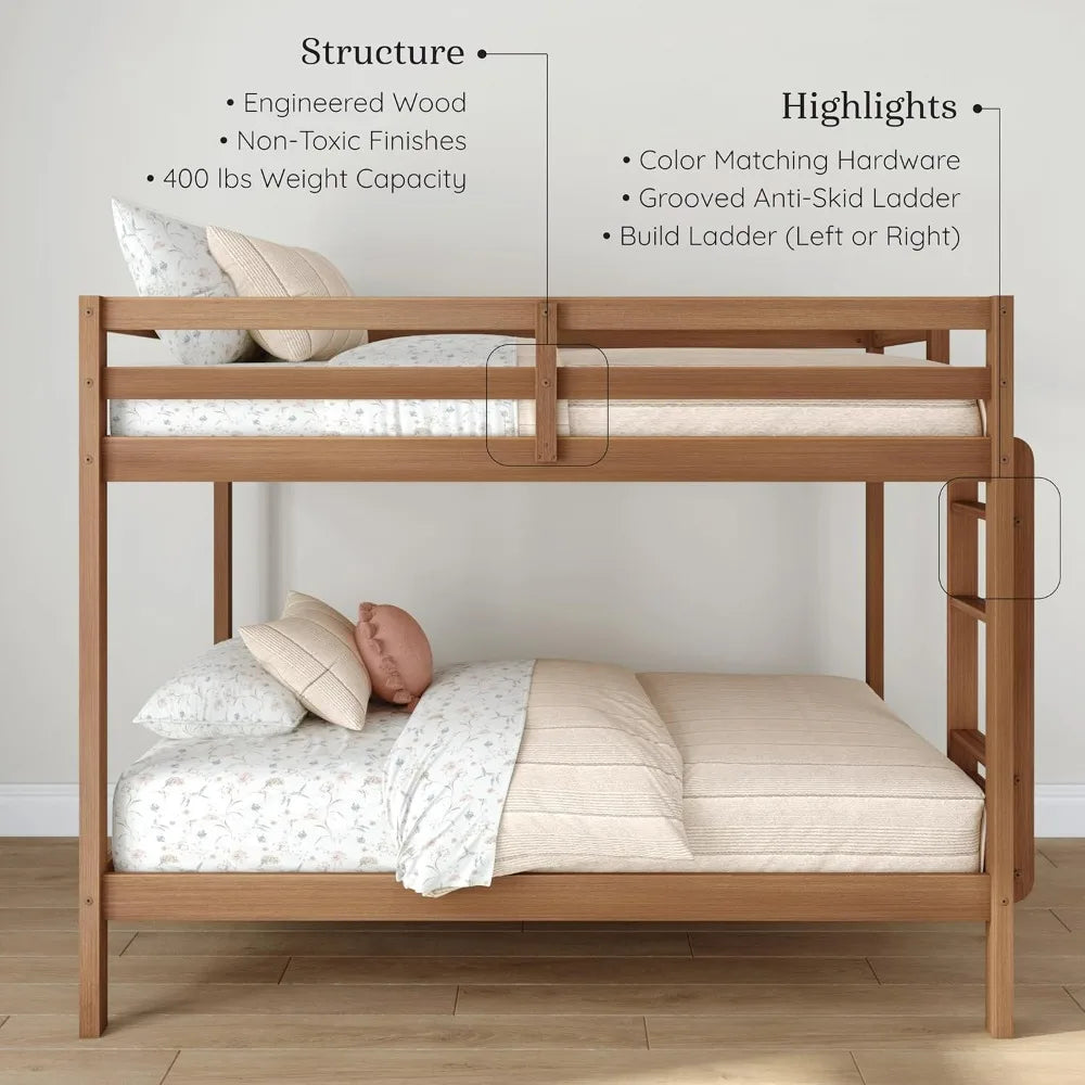 Durable Twin-Over-Twin Kids Bunk Bed with Plywood Construction, Ladder, Guardrail, and Slatted Support