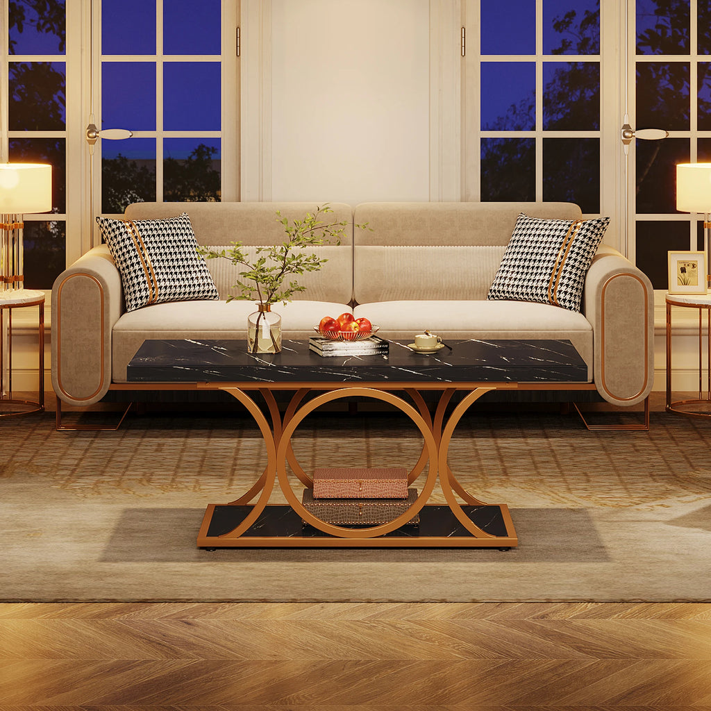 Rectangle Coffee Table, 2-Tier Faux Marble Wood