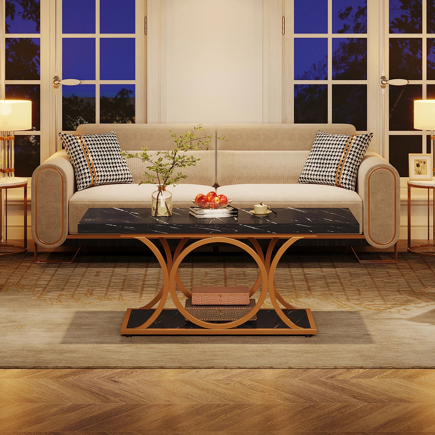 Rectangle Coffee Table, 2-Tier Faux Marble Wood
