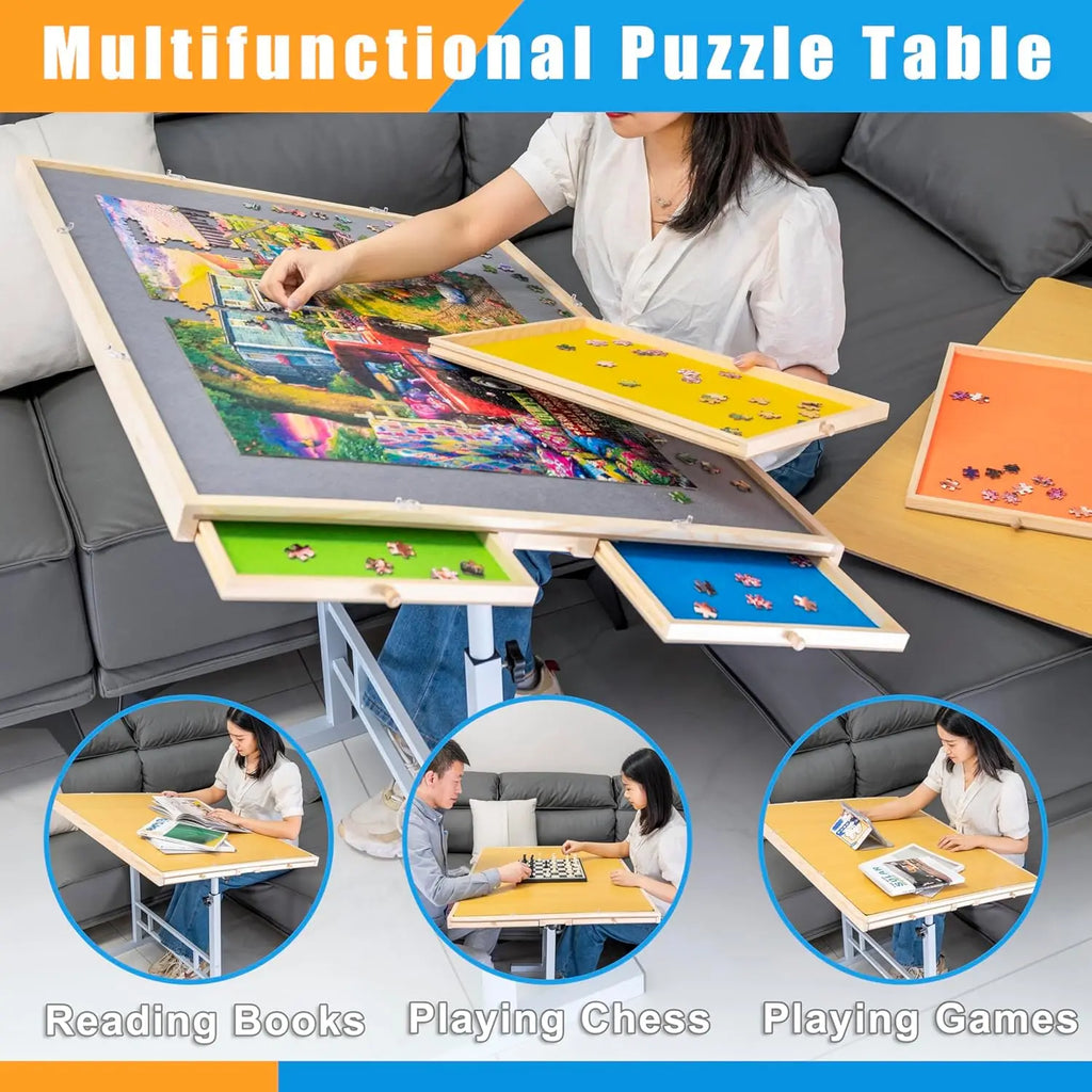 Adjustable Jigsaw 1500 Puzzle Table with Drawers, Angle & Height Adjustable with Metal Legs/ 35"x26" Tilting