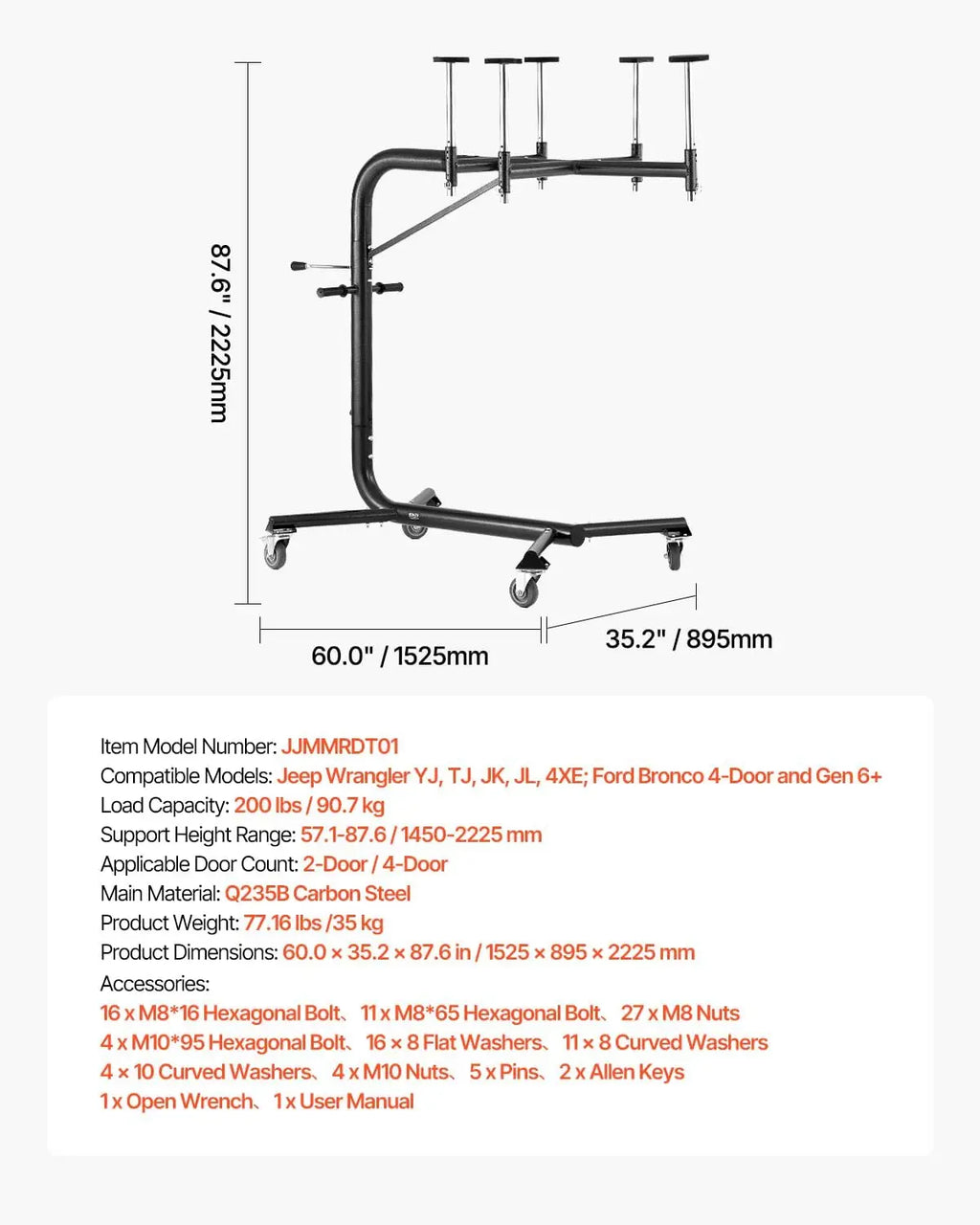 Jeep Hardtop Removal Lift System for 200 lbs, Easy Single-Person Operation, Compatible with Jeep Wrangler
