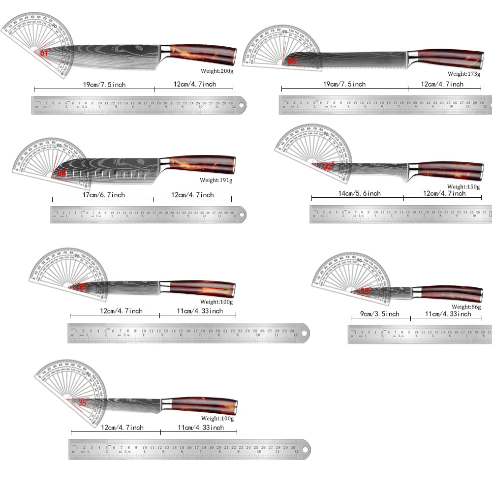 Kitchen Knife Set 15-Piece With Wooden Block, Laser Damascus Pattern Steel Professional Chef's Knife, With Scissor Sharpening Rod