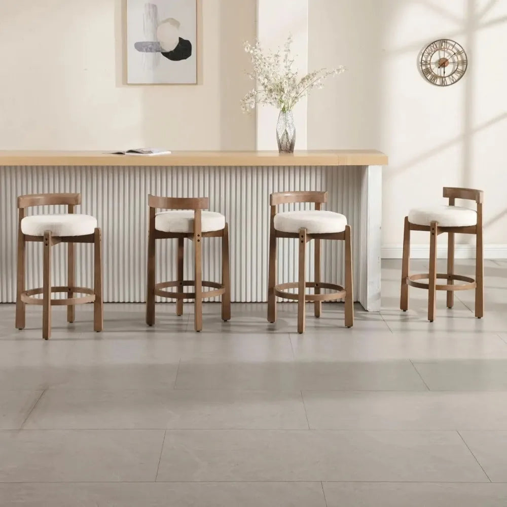 Mid Century Linen Bar Stools Set of 4, Upholstered, 26.5" Seat Height, Round Low Back Stools with Footrest