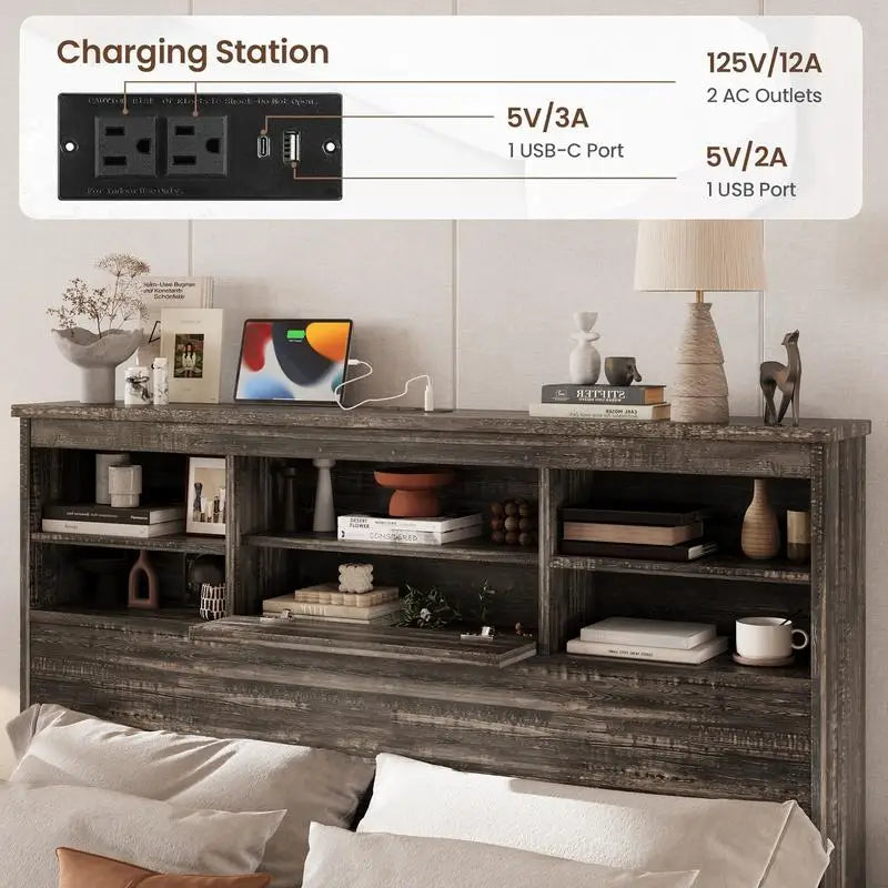 4-Piece Bedroom Set, Queen Bed Frame with Storage Headboard and Charging Station