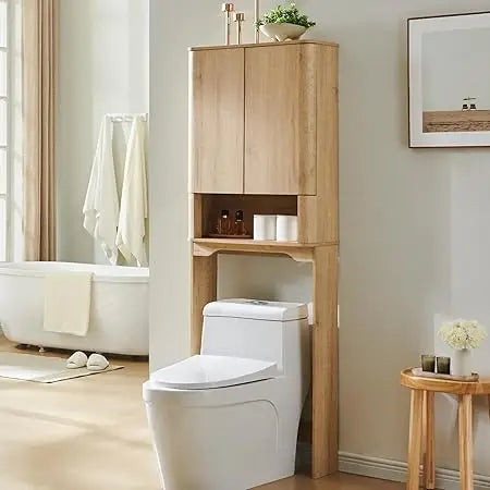 67 Tall Wooden Bathroom Storage Cabinet with Adjustable Shelves and Handle-Free Double Doors