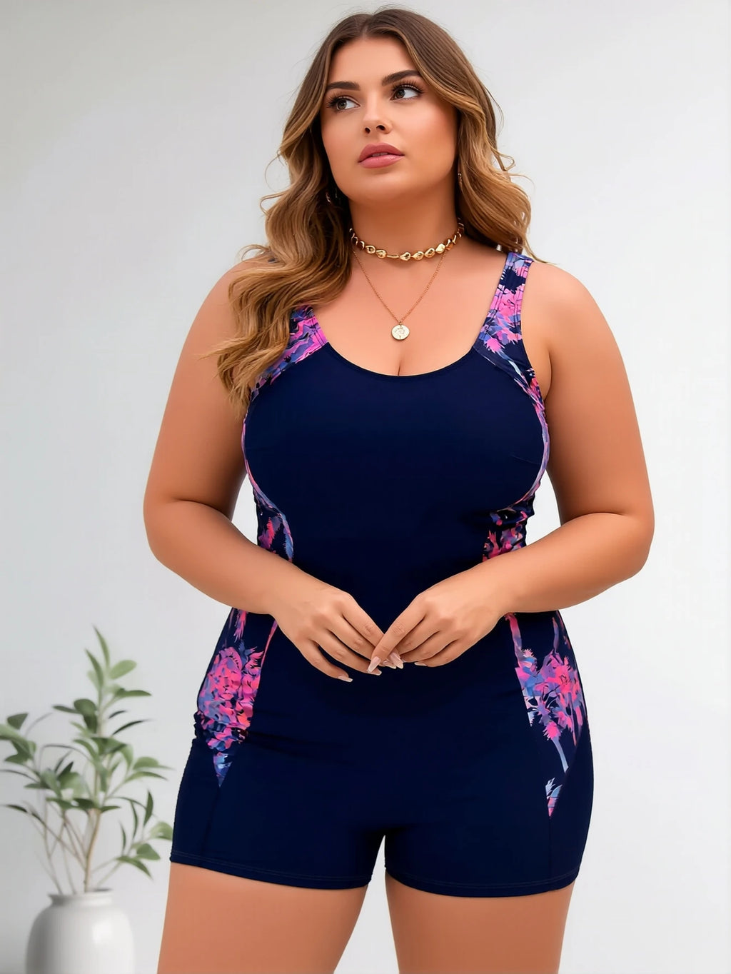 Plus Size One Piece Swimsuit for Women Tummy Control Tropical Palm Print Boyleg Bathing Suit Modest Full Coverage U-Neck Swimwear