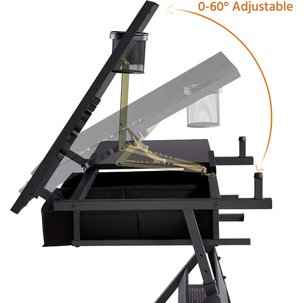 Height Adjustable Art and Craft Table with Tilting Tabletop, Stool, and Storage for Drafting and Workstation Use