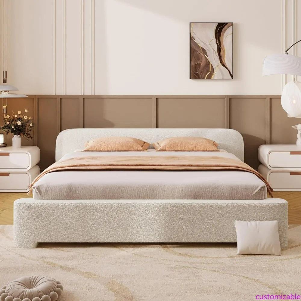 Queen Size Upholstered Bed Frame with Headboard, Boucle Fabric Platform Bed Base, Wood Support Bed