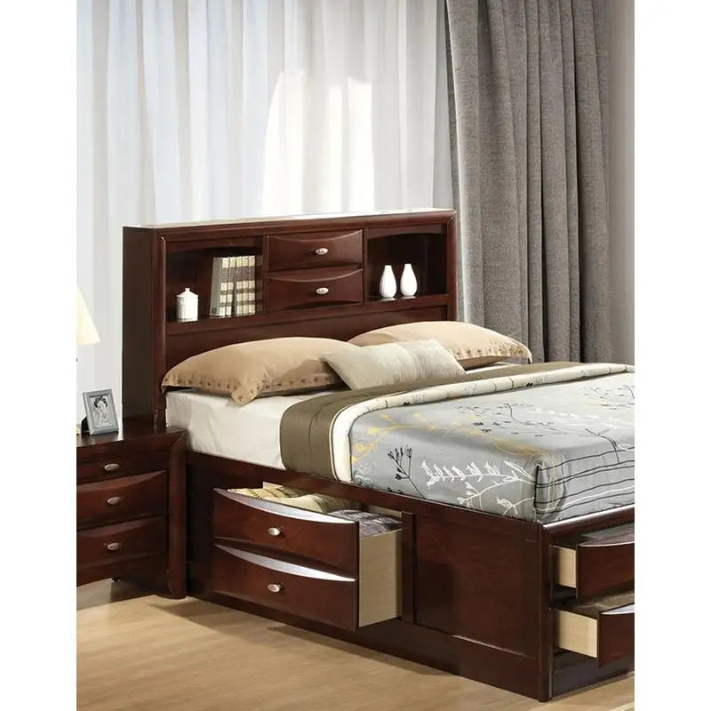 Contemporary King Size Bed with Footboard Drawers & Headboard Bookcase in Cherry Finish