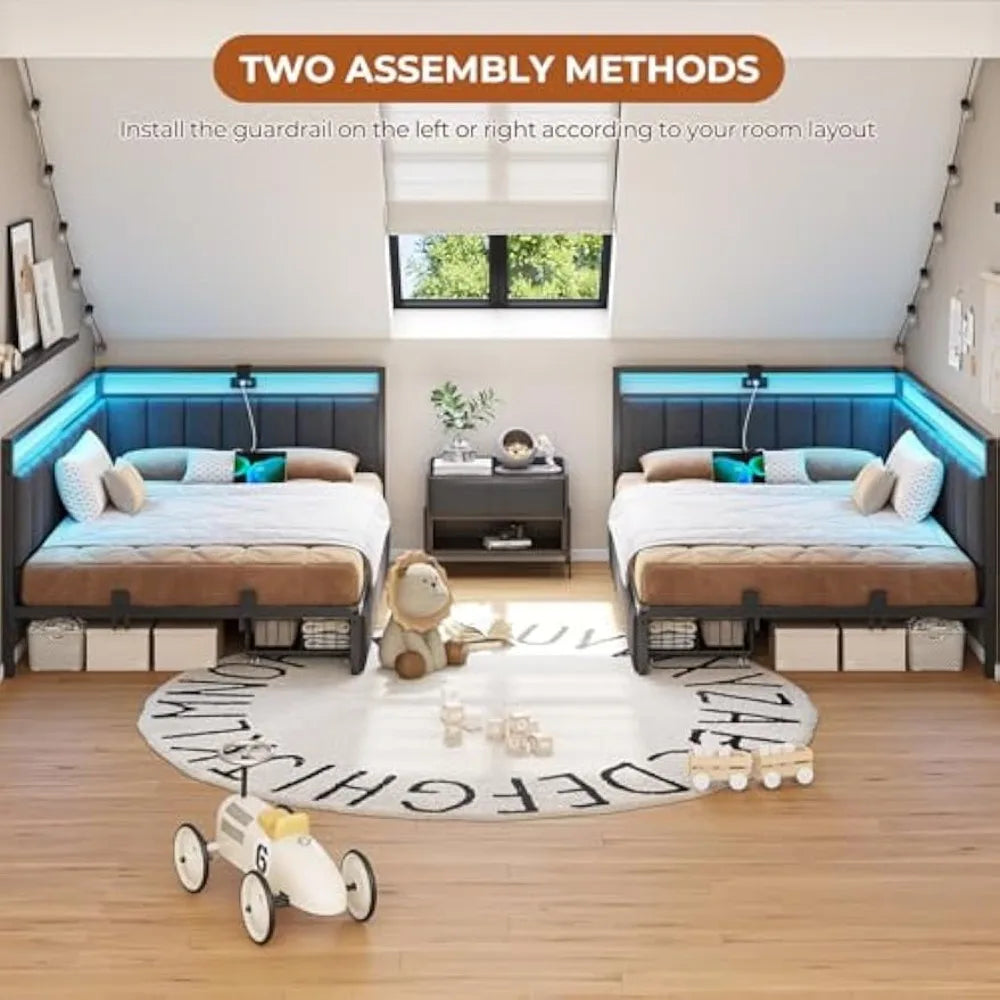 Full Size Platform Bed with Storage Drawers, Charging Station, LED Lights, and Upholstered Corner Frame