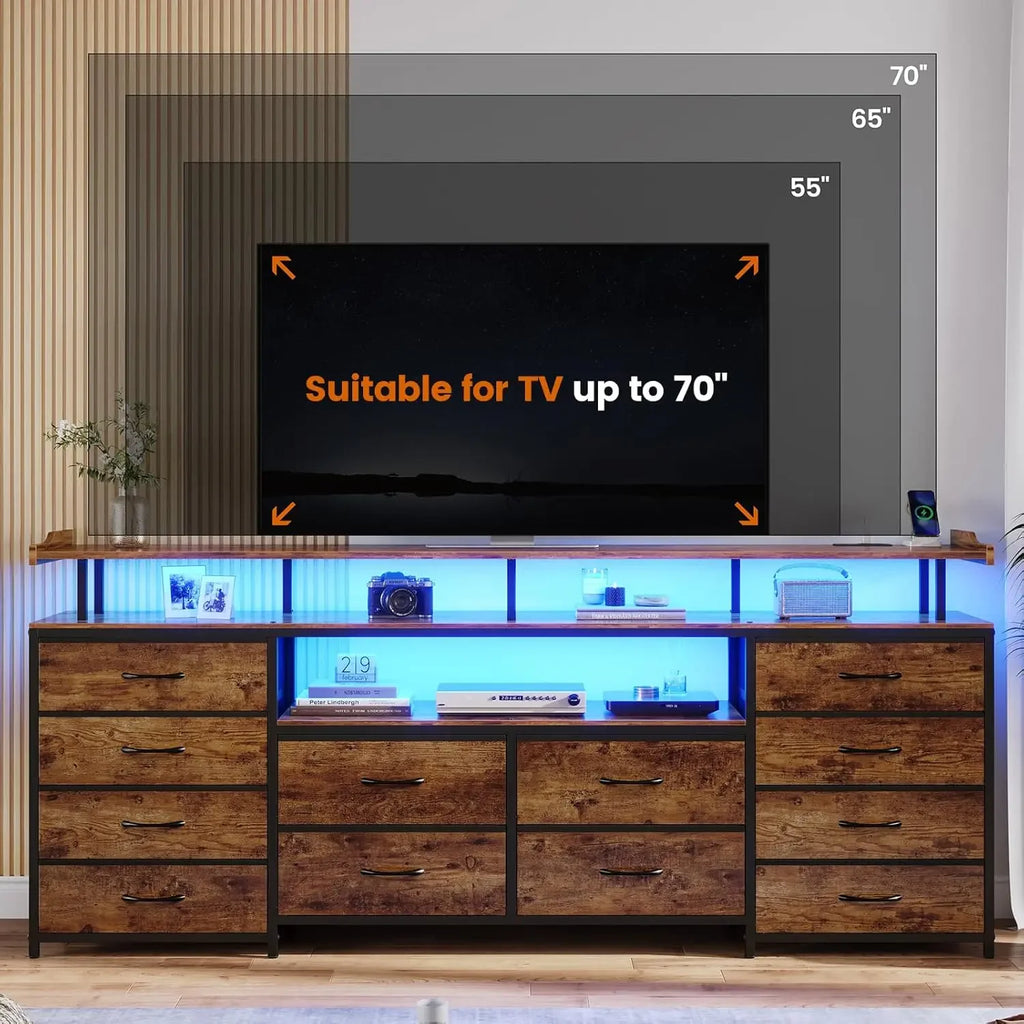 Entertainment Center with LED Lights & Power Outlets, 12 Drawers/ TV Stand Dresser for 65/70" TV, 63" Large LED TV Stand