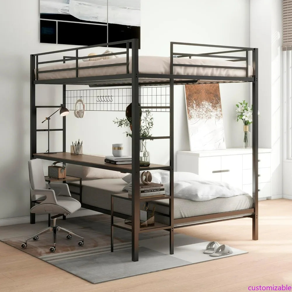 Twin-Over-Full Bunk Bed with Desk, Loft Bed with Desk and Storage, Metal Twin Bunk Beds with Charging Station