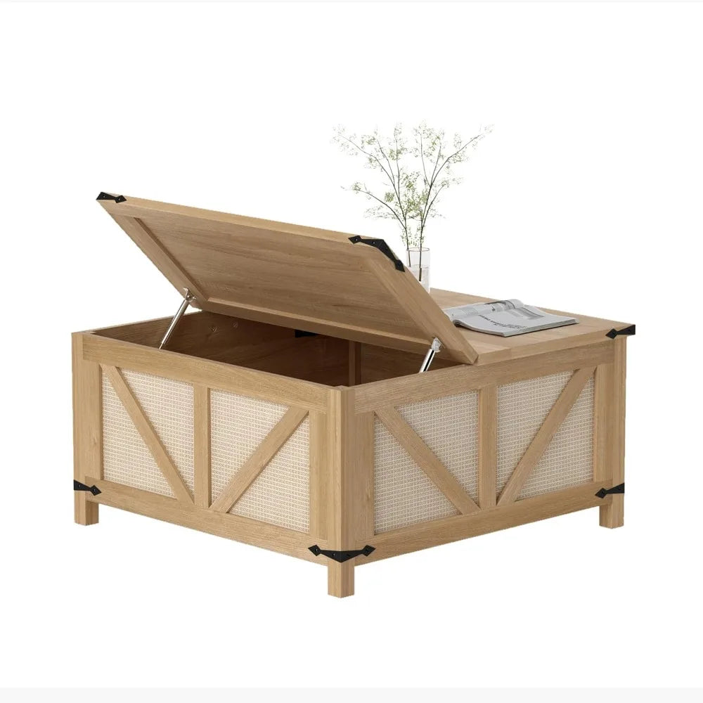 35'' Lift Top Coffee Table, Square Rattan Center Table with Large Hidden Storage, Farmhouse Coffee Tables for Living Room, Home