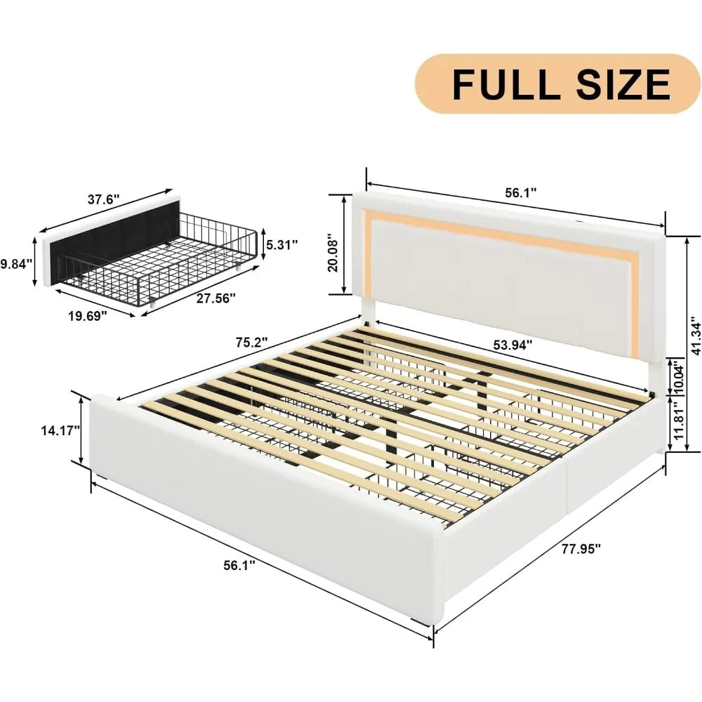 Full Bed Frame with 4 Storage Drawers and Adjustable Headboard, Upholstered Platform Bed with LED Lights and USB Ports