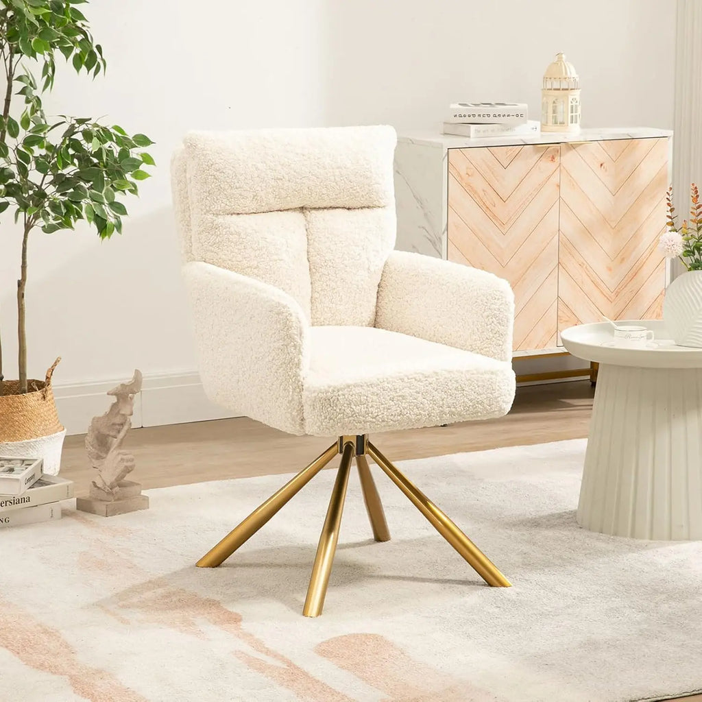Desk Chair No Wheels 180°Swivel, Makeup Vanity Chair with Gold Legs, Ergonomic Criss Cross Chairs for Any Room