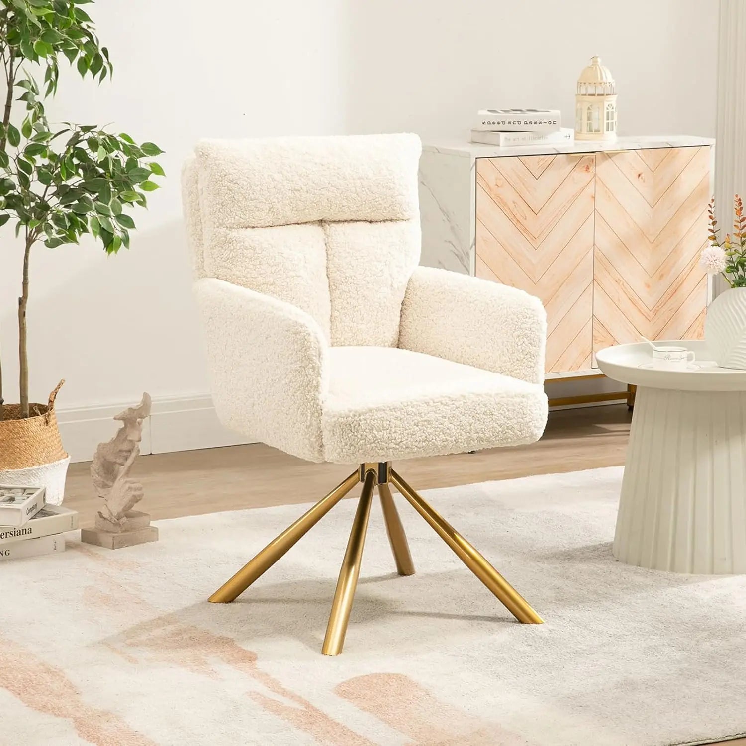 Desk Chair No Wheels 180°Swivel, Makeup Vanity Chair with Gold Legs, Ergonomic Criss Cross Chairs for Any Room