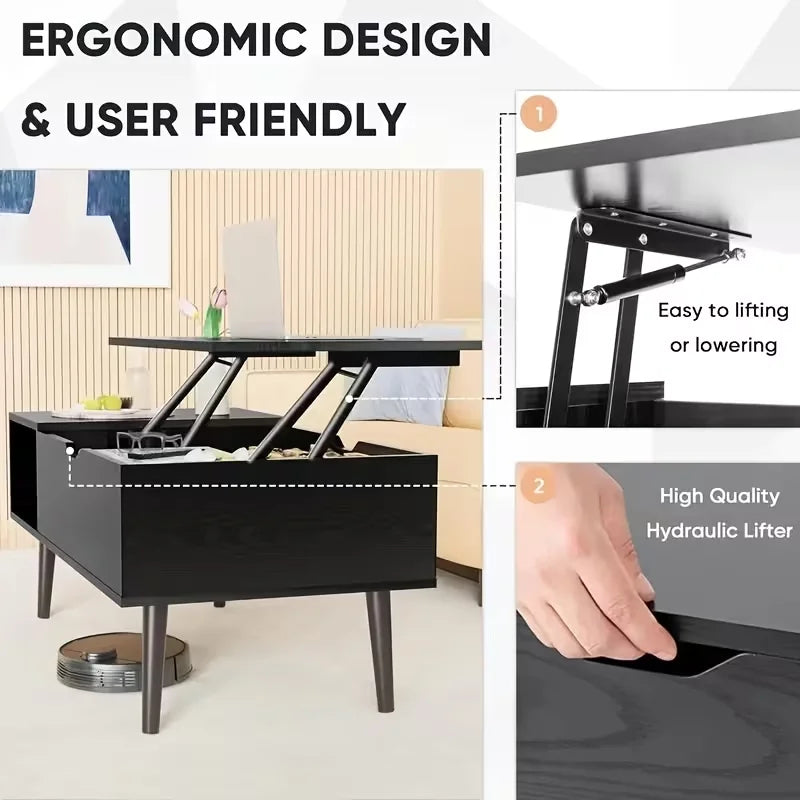 Coffee Table For Living Room, Coffee Table, Small Rising Wooden Dining Center Table With Storage Shelf & Hidden Compartment