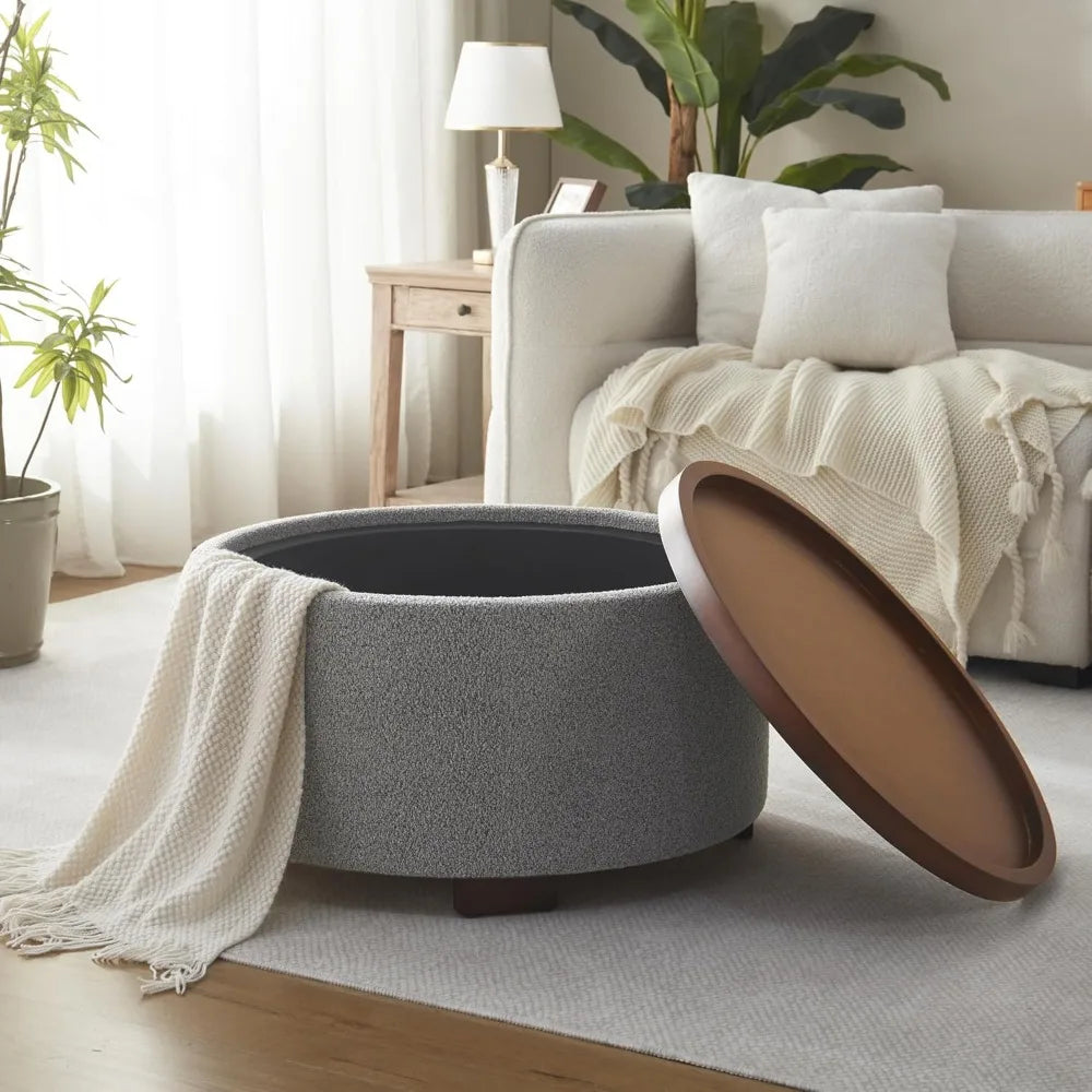 30 Inch Round Storage Ottoman Coffee Table, Modern Boucle Fabric with Lift-Off Lid and Solid Wood Legs for Living Room, Bedroom