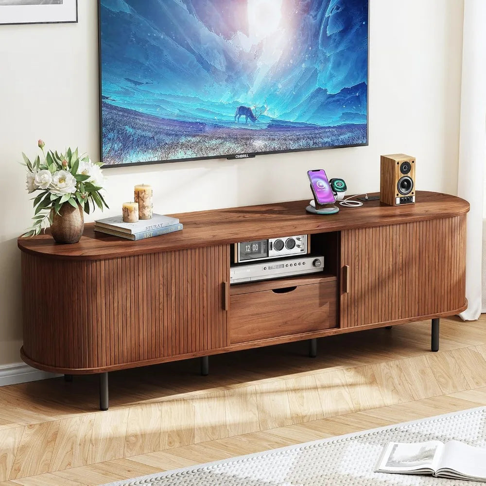69" TV Stand with Power Outlet for TVs up to 80", with Storage and Drawer, with Adjustable Shelves