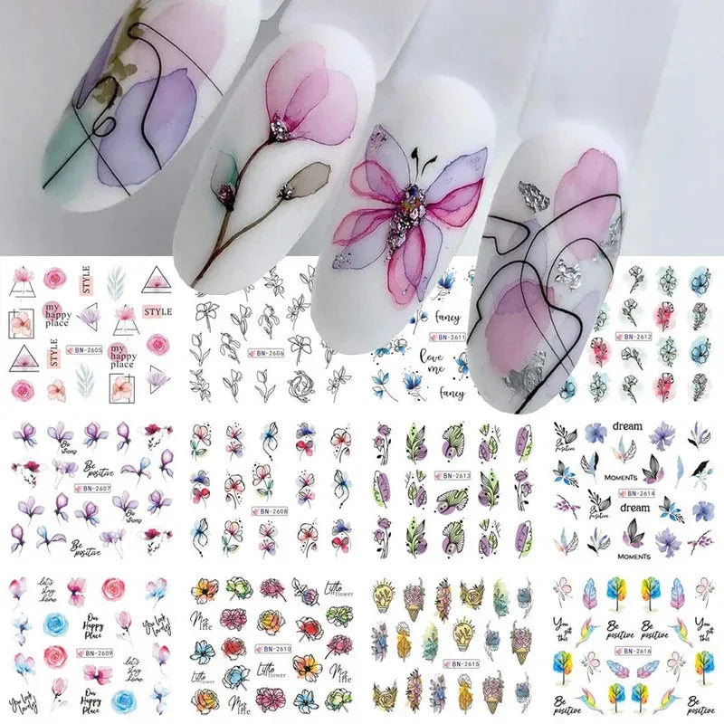12 Pcs Summer Ink Blooming Flowers Nail Art Stickers, Water Decal Leaves /Graffiti Slider Nail Decoration
