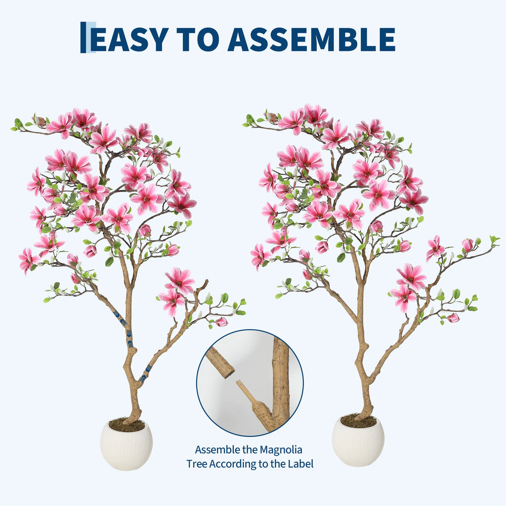 Lifelike Pink Magnolia Artificial Tree for Home Decor – Realistic Tall Silk Faux Plant Flower in Pot for Living Room/ Entryway