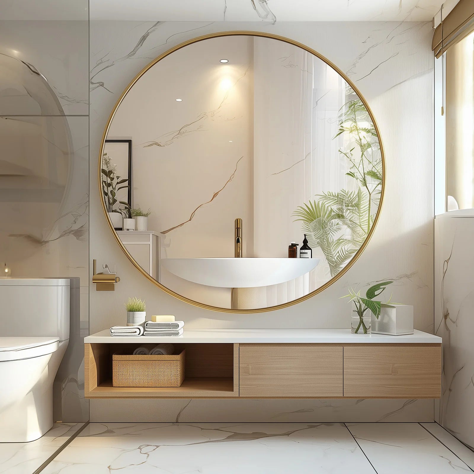 30 Inch Large Gold Round Vanity Framed Mirror for Wall/ Matte Metal Framed Modern Mirror/ Tempered Glass /Bedroom /Living Room