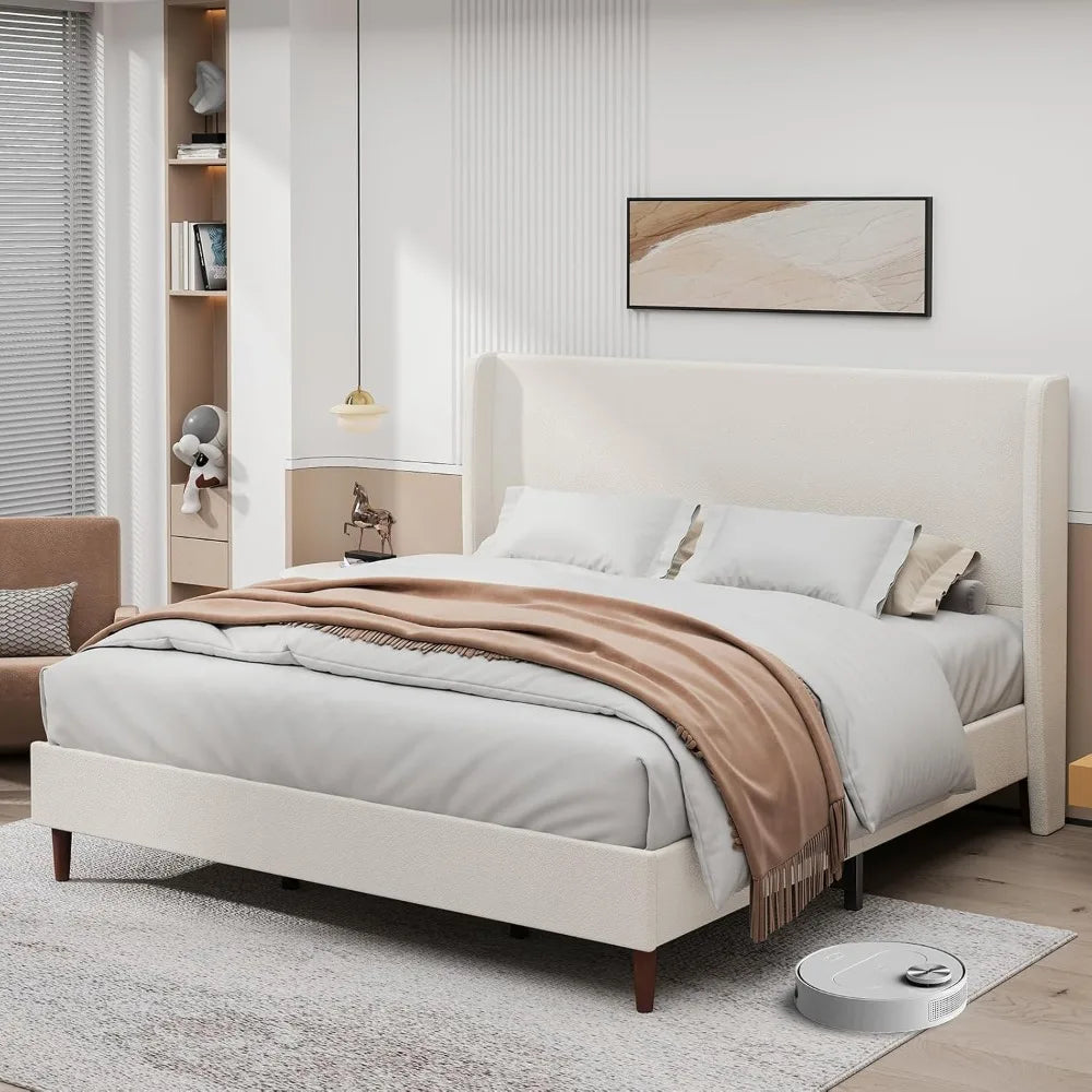 King Size Platform Bed Frame,Upholstered Bed Frame with Wing Side Headboard