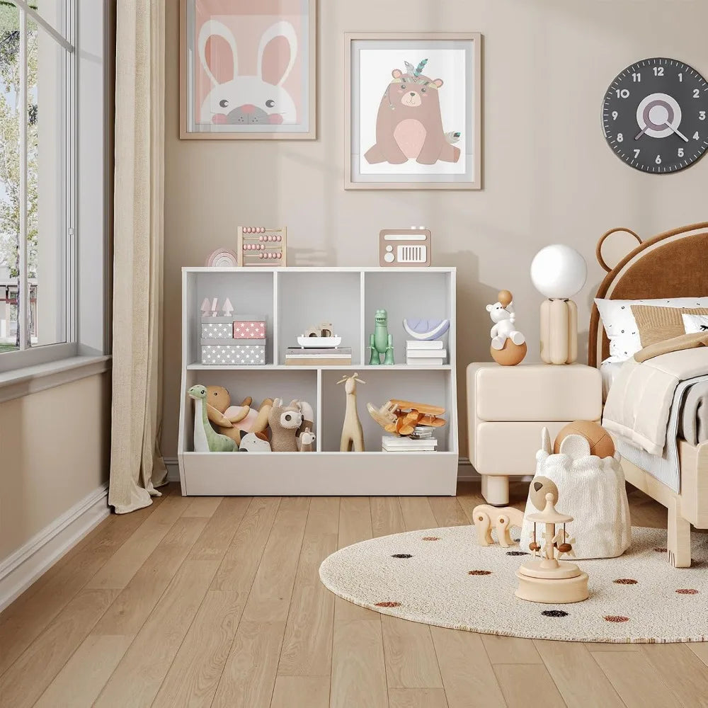 Kids Bookshelf Toy Storage Organizer, 5-Cubby Bookcase with Footboard, White Children's Furniture