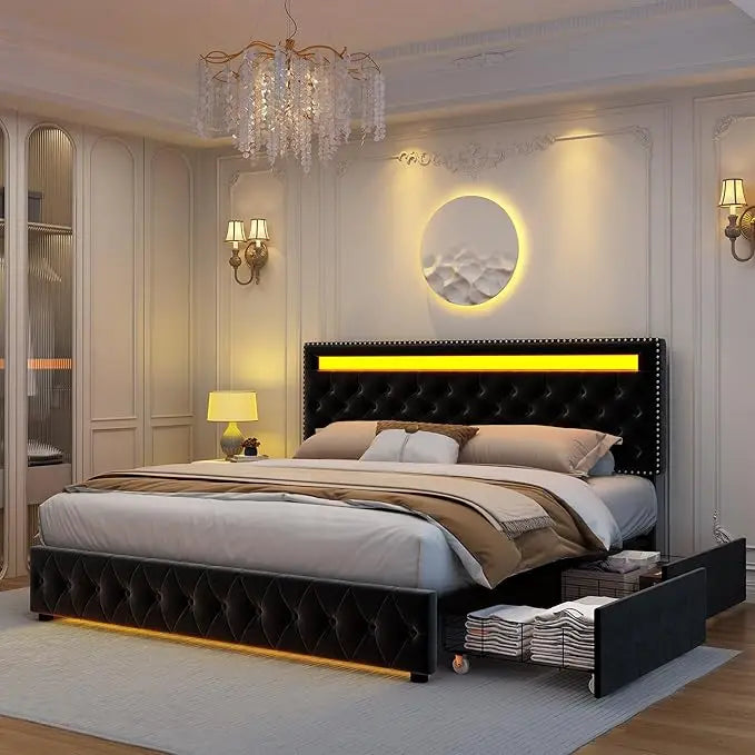 Full Size LED Bed Frame with Storage Drawers, RGBW Lights, Adjustable Headboard, No Box Spring, PU/Velvet Upholstered