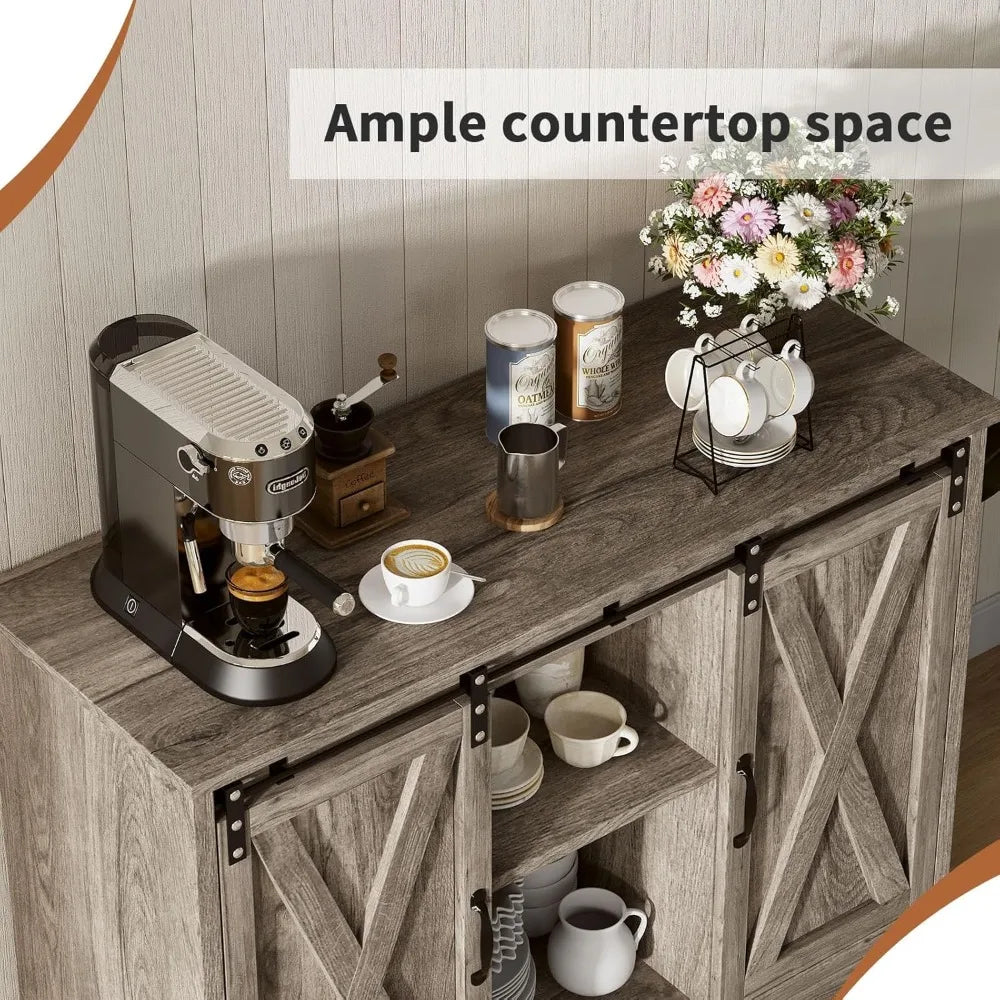 Farmhouse Coffee Bar Cabinet with Sliding Barn Door, 42” Coffee Bar Table with Adjustable Shelves, Buffet Cabinet with Storage