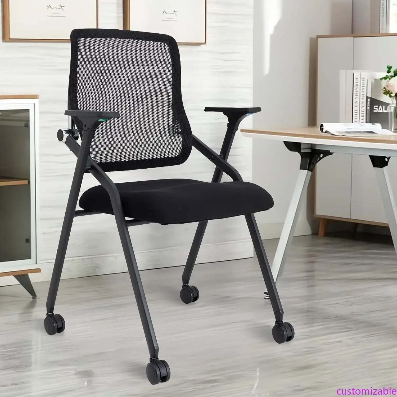 Updated Conference Room Chairs, Folding Office Desk Chair with Lumbar Support and Sliding Armrest with Casters, Stackable Office