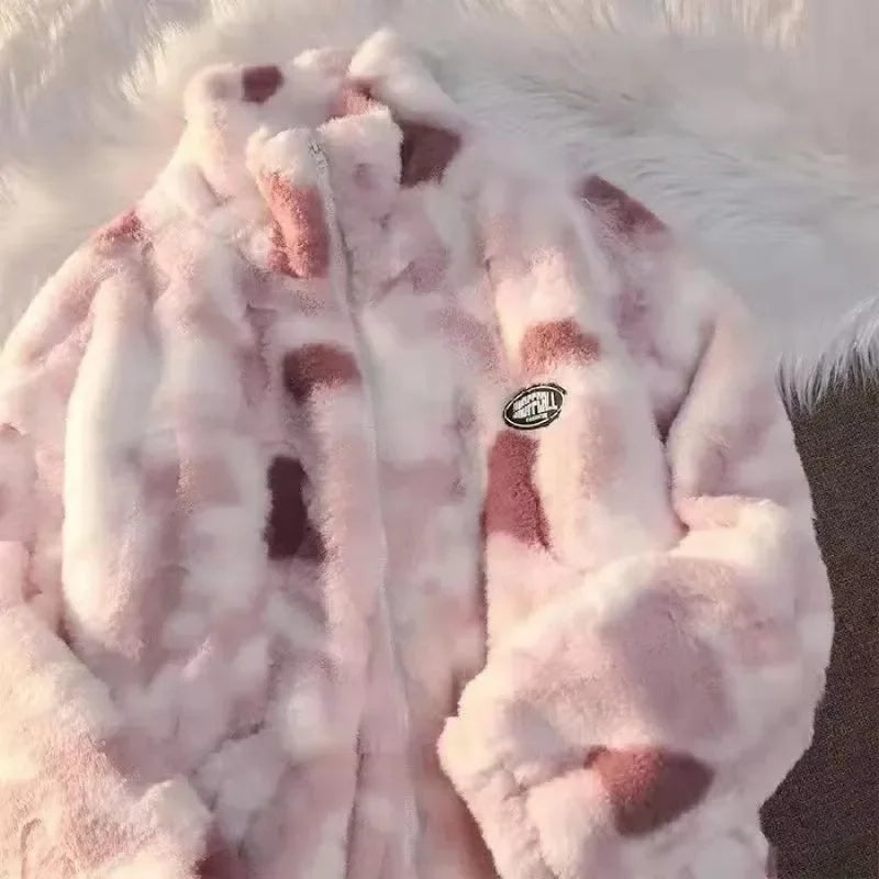 Women's Tie Dye Lamb Fleece Jacket/ Autumn Winter Zipper Outerwear/ Warm Plush Jackets /Harajuku Casual Loose Female Thick Coat